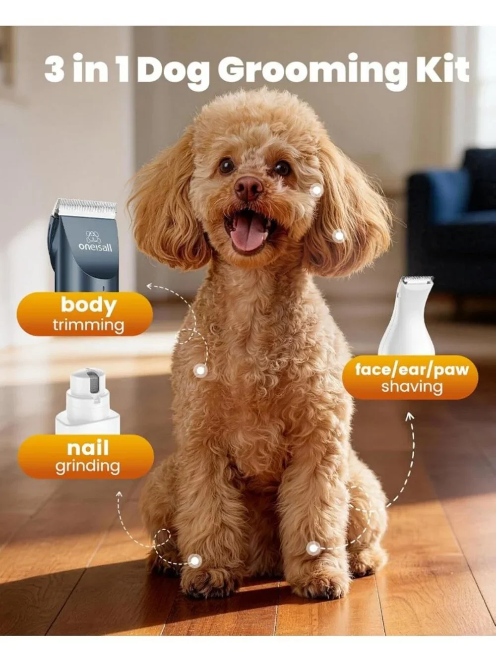 Low Noise 3-in-1 Dog Clippers & Nail Grinder Grooming Kit for All Breeds